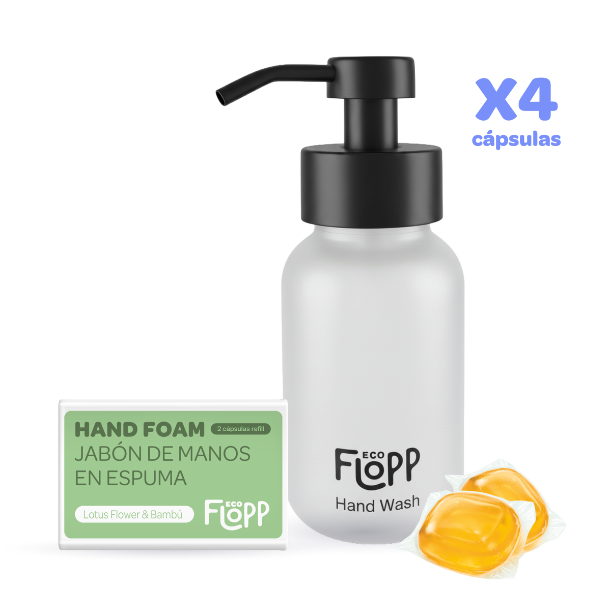 Pack Flopp Eco Jabón de manos botella transparente + 4 cápsulas - Lotus Flower & Bambú