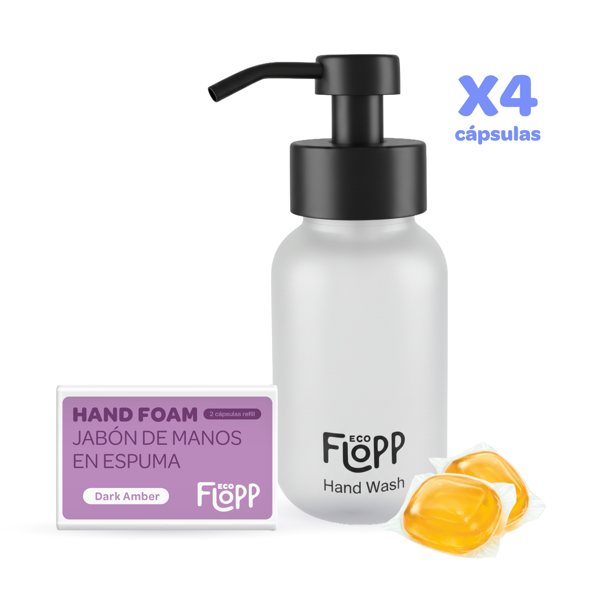 Pack Flopp Eco Jabón de manos botella transparente + 4 cápsulas - Dark Amber